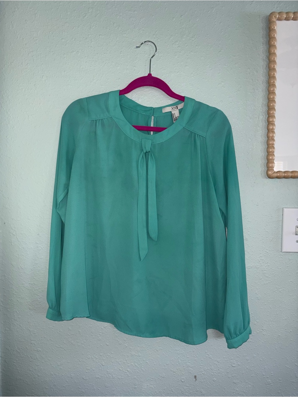 Vintage Y2K Forever 21 XXI Aqua Turquoise Chiffon Tie Neck Long Sleeve Blouse